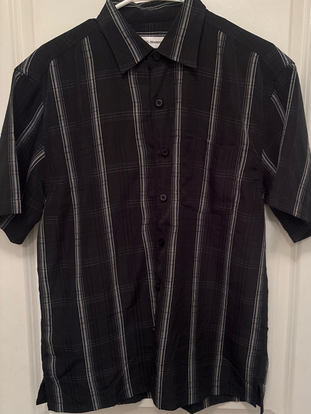 Michael Brandon Black Short-Sleeve Button-Down Shirt with White Stripes